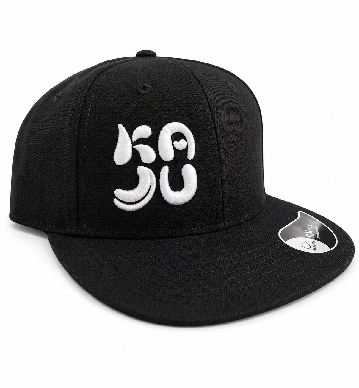 Black cap with white logo on a white background