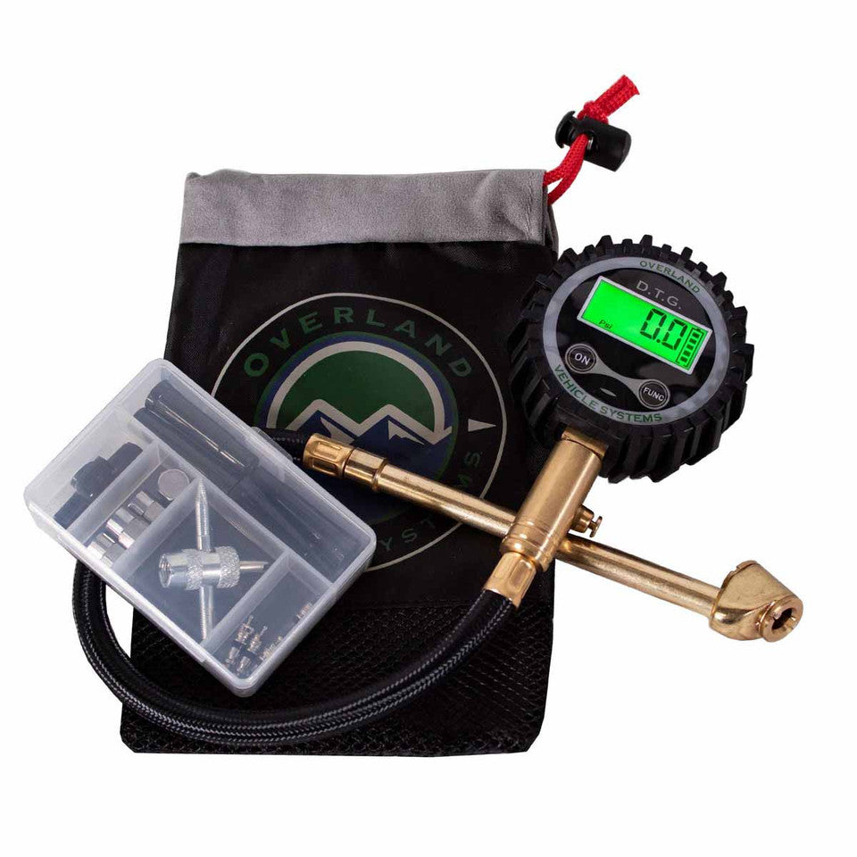Air pressure gauge with digital display, hose, and tool kit 